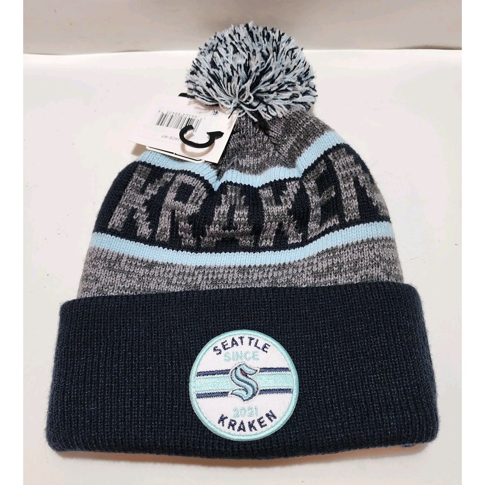 Seattle Kraken Cuffed Knit Hat Mens One Size Multicolor Hockey Pom Pom NEW